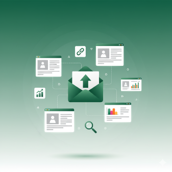 Guest posting illustration with blogs, outreach and backlink icons